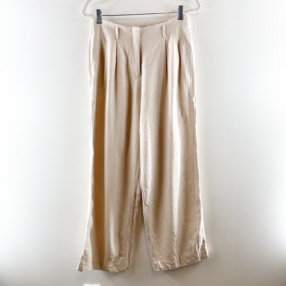H&M High Rise Pleated Front Linen Wide Leg Ankle Pants Cream 8 - Picture 2 of 11